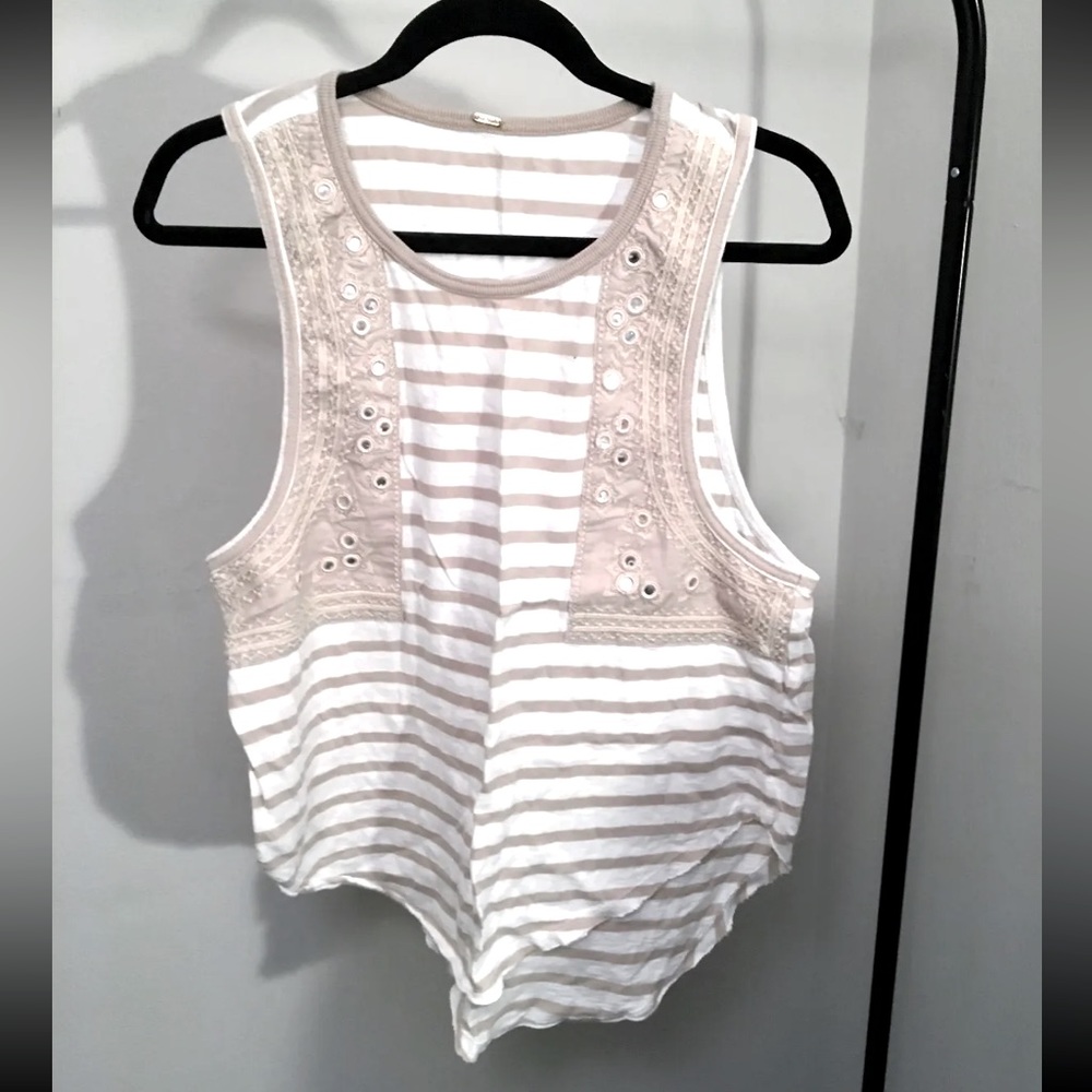 Free People Tank Top Shirt Womens Striped Embellished White Embroidered NWOT